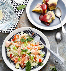 Salade de riz, tomates, fenouil et saumon - Gâteau vanille et fruits rouges