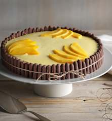 Charlota de mango con bizcocho al cacao