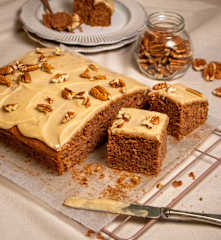 Spice cake with caramel pecan glaze