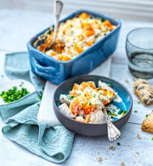 Gratin à la courge et au merlu, crème à la ciboulette