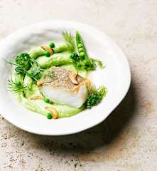 Bacalao con puré de guisantes