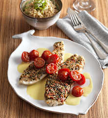 Zander mit Safransauce, Reis und Schmorparadeisern