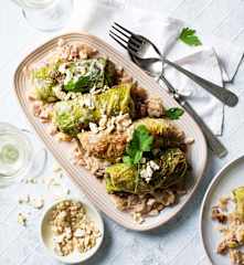 Savoy Cabbage Roulades with Leek and Ham Rice