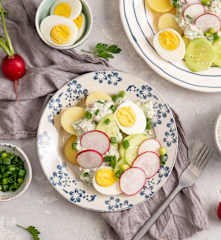 Młode ziemniaki z nowalijkami, jajkiem i sosem tatarskim (z osłoną noża miksującego 2.0)