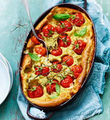 Clafoutis aux tomates cerise, mozzarella et basilic