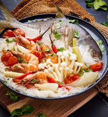 White Tom Yum Seafood Noodles