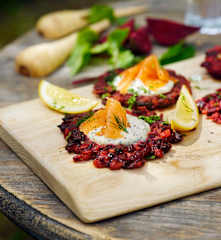 Beetroot Rosti with Smoked Salmon and Herb Crème Fraîche