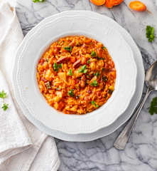 Zuppa di risoni, pancetta e verdure