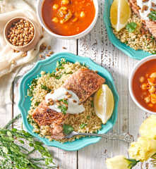 Moroccan Salmon with Lemony Couscous and Vegetable Soup