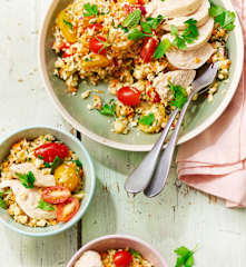 Taboulé de chou-fleur, filets de poulet vapeur
