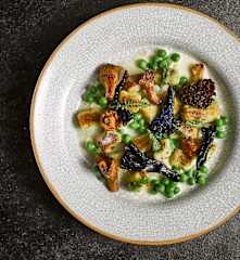 Bylinkové noky, divoké houby, hrášek a omáčka z vyzrálého sýra