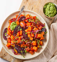 Roasted Vegetables with Walnut Arugula Pesto