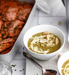 Hinojo horneado con crema de jitomate -  Sopa verde con crutones