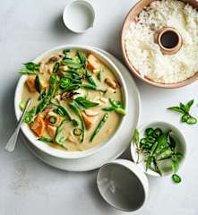 Layered Thai green vegetable curry and rice