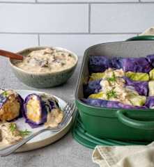 Rainbow cabbage rolls with mushroom sauce