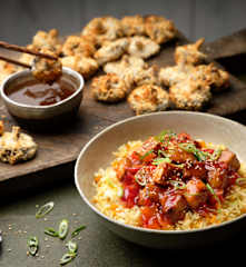 Shiitake Teriyaki Dippers; Sweet and Sour Tofu; Un-fried Rice