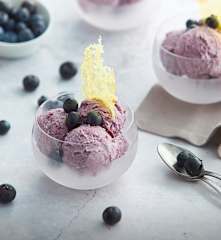 Gelato ai mirtilli con cialda corallo