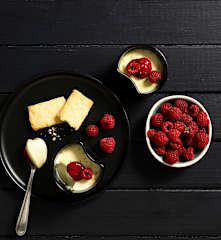 White chocolate and raspberry pots with lime macadamia shortbread