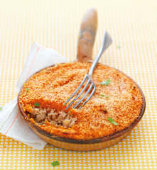 Gratin de patate douce, poulet fumé