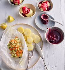 Steamed Turbot and Mixed Vegetable Parcels; Red Berry Sauce with Ice Cream