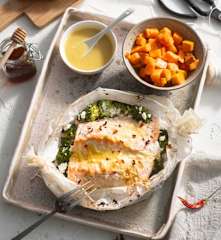 Zalm met broccoli en honing-mosterdsaus