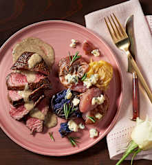 Steak with Peppered Parmesan Sauce and Roquefort Potatoes