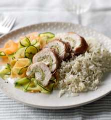 Steamed Stuffed Chicken with Cumin Rice and Ribbon Vegetables