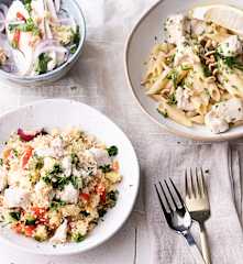 1 receta, 3 platos: Pasta piccata con pollo. Ensalada de fideos orientales y pollo. Cuscús con pollo y verduras