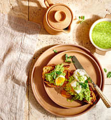 Minted pesto with pea smash and poached eggs