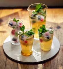 Iced Tea with a Honey and Mint Syrup and Fruit Ice Cubes