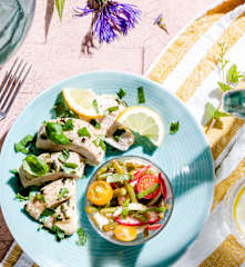 Poulet mariné aux herbes fraîches et salade printanière