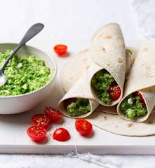 Green pea and feta hummus wraps