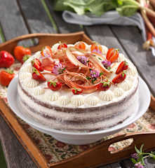 Erdbeer-Rhabarber-Torte mit Schokoladenbiskuit und Mascarpone-Topfencreme