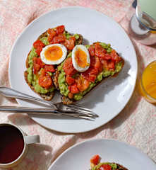 Smashed Avocado, Marinated Tomatoes and Boiled Egg on Toast