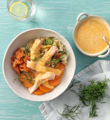 Gemüsebowl mit Fisch & Kimchisauce