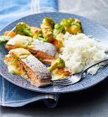 Poisson vapeur, riz et légumes sauce au curry