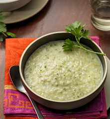 Soep van rijst, aardappelen en peterselie